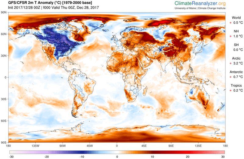 The forecast for the rest of the world on Thursday is...not cold. Image: Climate change Institute